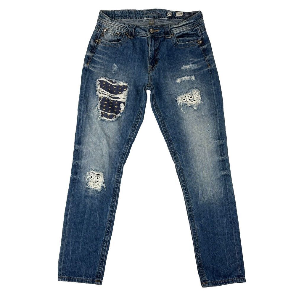 Miss Me Jeans Women's Blue Boyfriend Ankle Distressed Size 27 (29x30 Measured)‎